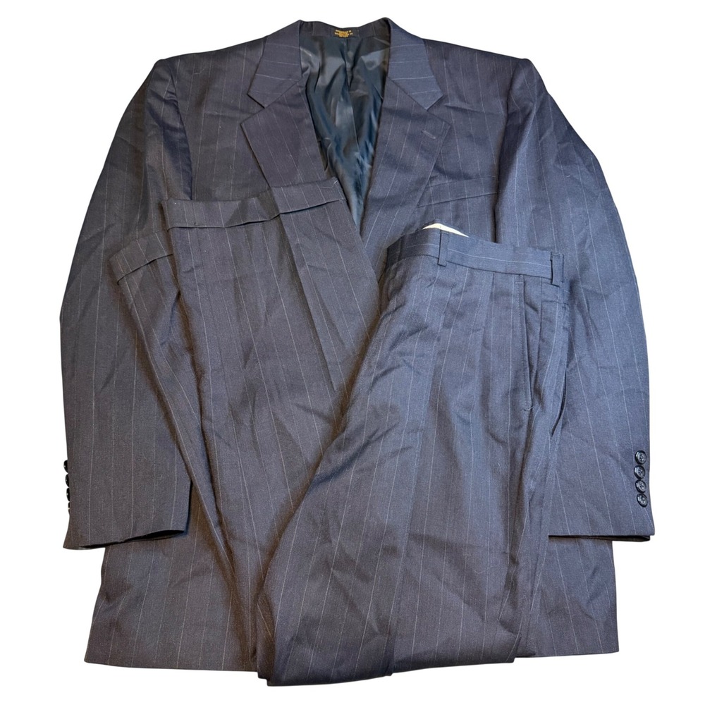 Stafford Mens Pinstripe Suit Navy Worsted‎ Wool Blend 2 Button Pleated 43R 36W
